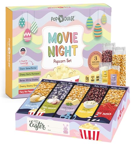 Easter Basket Stuffers Movie Night Popcorn Gift Set, Gourmet Popcorn Kernels and Popcorn Seasoning Variety Pack, 3 Color Kernels and 5 Popcorn Flavorings, Non-GMO, Gluten Free Popcorn Gifts, 10 Pack