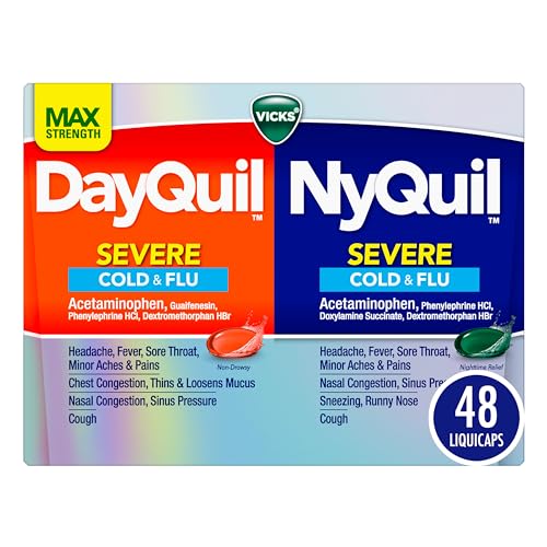 VICKS DayQuil & NyQuil SEVERE Co-Pack, Cold & Flu Medicine, Powerful Relief for Headache, Fever, Sore Throat, Minor Aches & Pains, Congestion, Sinus Pressure, Stuffy Nose, and Cough, 48 LiquiCaps