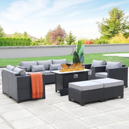 Rattaner Juego de 7 muebles de exterior de 60,000 BTU de 45 pulgadas para fogata de propano para exteriores, juego de muebles de patio, cojines antideslizantes y fundas impermeables, gris claro