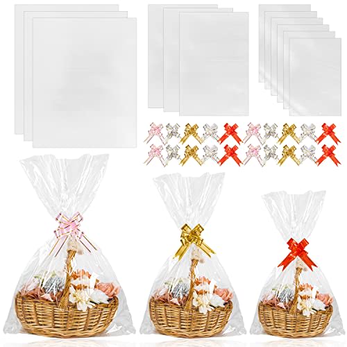 50pcs Cellophane Bags 3 Sizes Cellophane Wrap for Gift Baskets 24x30 16x24 12x18 Large Clear Packaging Bags with 50 Pull Bows for Gift Wrapping Plastic Gift Bags