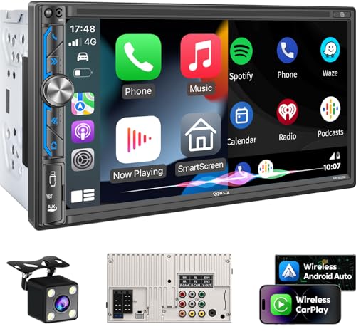 PLZ 7" Wireless Double Din Car Stereo Apple Carplay Radio Screen for Car Audio Receivers, Bluetooth 5.3 Car Play Android Auto Touchscreen, 240W 4.2 CHN 2 Subwoofers Outputs, Backup Camera, SWC, FM/AM