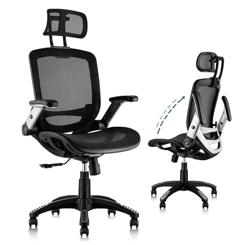 GABRYLLY Ergonomic Office Chair, High Back Home Desk Chair with Headrest, Flip-Up Arms, 90-120° Tilt Lock and Wide Cushion, Big and Tall Mesh Chairs for Man Woman, Black Task Chair