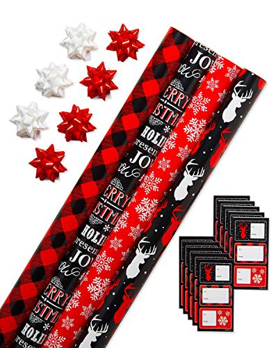 American Greetings 120 sq. ft. Red and Black Christmas Wrapping Paper Set with Cut Lines (4 rolls 30 in. x 12 ft., 7 Bows, 30 Gift Tags), Christmas Text, Plaid, Reindeer and Snowflakes