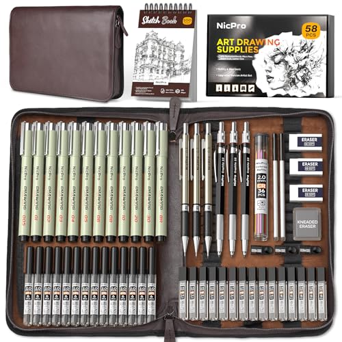 Nicpro 58 PCS Art Drawing Supplies Kit in Leather Case, Art Mechanical Pencil Set with 6 Metal Drafting Pencil 0.5 & 0.7 & 0.9 & 2mm, 12 Micron Pen, Sketch Book, 30 Tube Lead Refills for Sketching