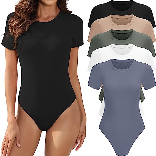 MLYENX Paquete de 5 trajes de cuerpo para mujer, manga corta, cuello redondo, casual, elástico, camiseta básica, Paquete de 5: negro, blanco, verde oliva, piel, azul oscuro