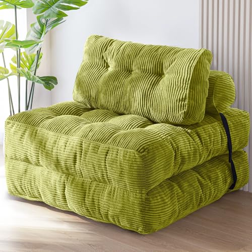 MAXYOYO Sofá cama tipo sillón, convertible, plegable y portátil, con almohada y colchón plegable con soporte para la espalda, cómodo, al piso, para sala de estar y dormitorio, verde, individual