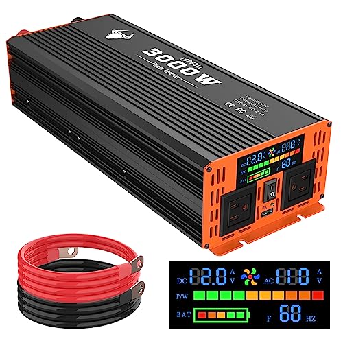 Inversor de corriente de 3000 W, convertidor de 12 V CC a 110 V CA, con pantalla LED, salidas de CA duales, puerto USB, ventiladores inteligentes duales, cables incluidos, adecuado para el hogar, RV