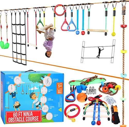 Hyponix Ninja Warrior Obstacle Course for Kids up to 880 Lbs - 2 x 60 ft - W/Bottom line & 13 Obstacles | Weatherproof | Easily Setup on Trees or Posts | Ninja Course for Kids Outside | Monkey Line