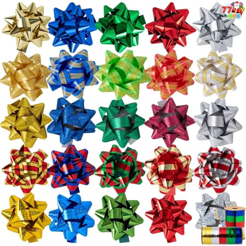 JOYIN 75 lazos de regalo autoadhesivos de Navidad de 3 pulgadas y 2 rollos de cintas rizadas de Navidad para cestas, decoración de botellas de vino, envoltura de regalos y decoración de regalo