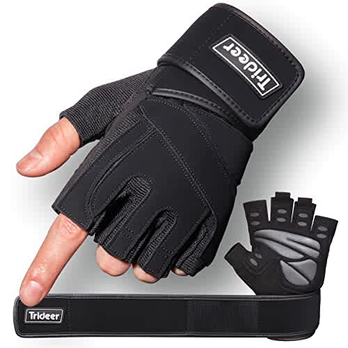 Trideer Guantes de entrenamiento acolchados para hombres, guantes de levantamiento de pesas para gimnasio con soporte para muñeca, protección completa de la palma y agarres adicionales para