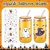 Teenyyou Juego de 6 vasos de Halloween de 16 onzas, lindos vasos de Halloween con tapa y pajita, tazas de calavera de Halloween, fantasma, murciélago, calabaza, calavera, café helado, beber, cerveza,