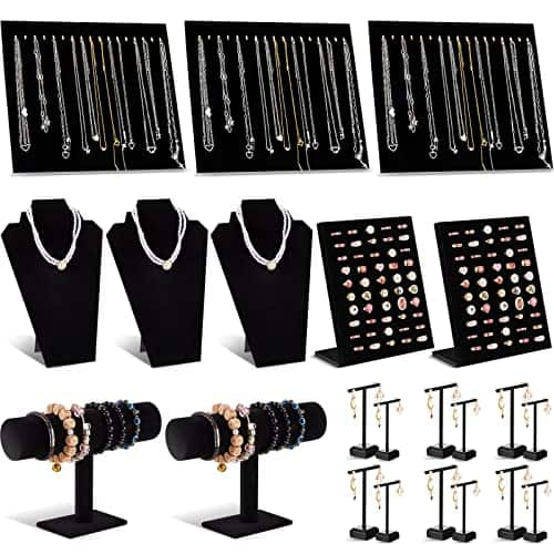 Henoyso Juego de exhibición de joyería de terciopelo de 22 piezas para la venta de collar soporte de pulsera Soporte de pendiente en forma de T Soporte (negro)