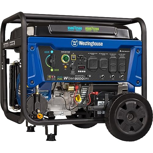 Westinghouse Outdoor Power Equipment - Generador portátil de respaldo de combustible dual de 12500 vatios, arranque eléctrico remoto y más funciones, gas y propano, sensor de CO, cumple con CARB, azul