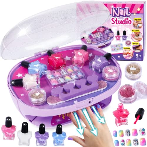 Golray Kids Nail Polish Set for Girls, All-in-One Nail Art Kit - Nail Dryer/ Nail Polish/ Glitter Powder/ False Nails/ Nail Decals/ Toe Separator/File, Age 3-12 Little Girl Gift Toys