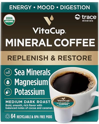 VitaCup Cápsulas de café mineral con trazas de minerales, hidrata, repone y restaura, con minerales marinos, electrolitos, café orgánico, tostado medio oscuro, cápsulas de una sola porción compatible