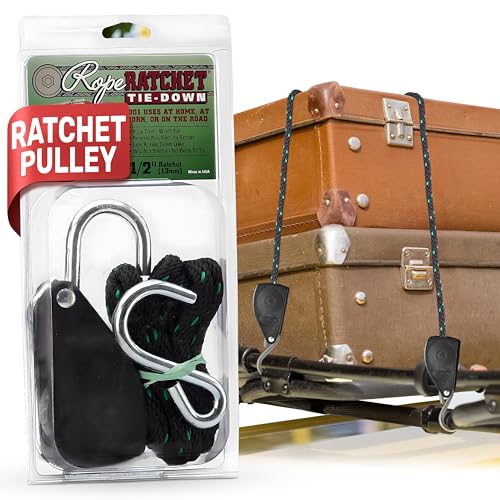 Rope Ratchet 1/2" Rope Pulley with Locking Pulley, Adjustable Rope Hanger for Grow Lights, Canopies, Tents, Kayaks, and Camping, 8' Solid Braided Polypropylene Rope, 500 lbs Capacity - 1 Ratchet Only