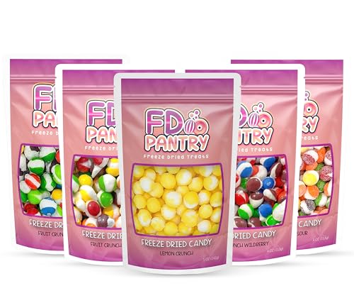 FD Pantry Freeze Dried Candy Variety Pack - Fruit Crunch 5 pack, Fruit Crunch Original, Wildberry, Sour, Tropical, Lemon 4 oz (5 count) - Assortment Combo Bundle Pouch - Gift Bag