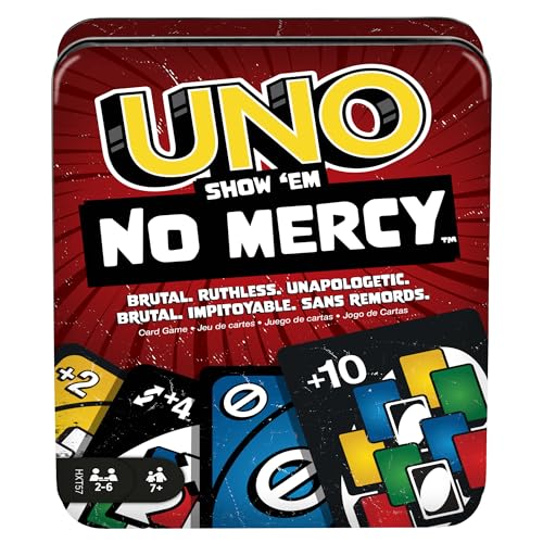 Mattel Games UNO Show 'em No Mercy - Juego de cartas en lata de almacenamiento y viaje para niños, adultos y noche familiar con tarjetas adicionales, reglas especiales y sanciones más duras (exclusivo