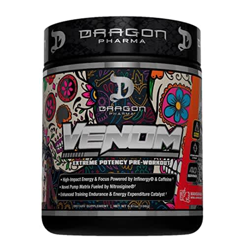 DRAGON PHARMA Venom Extreme Potency Pre-entrenamiento, enfoque agudo láser + energía, rendimiento intenso, ingredientes probados para una vasodilatación y resistencia mejoradas (40 porciones,