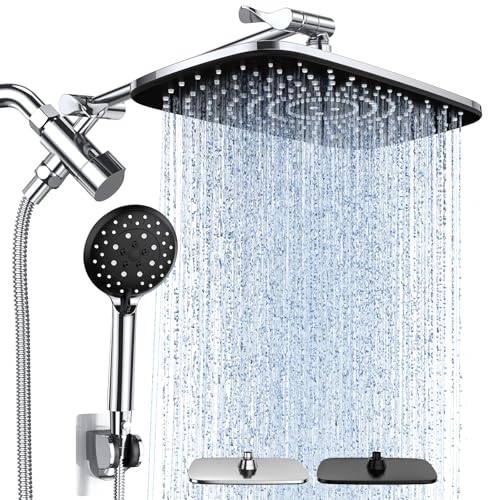 Veken High Pressure Rain Shower Head Combo with Extension Arm- Wide Showerhead with 6 Handheld Water Spray - Adjustable Dual Showerhead with Anti-Clog Nozzles - Silver Chrome