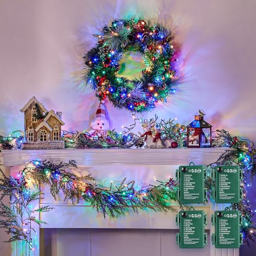 Minetom Luces de racimo de Navidad que funcionan con pilas para exteriores, paquete de 4 10 pies, 120 luces LED para árbol de Navidad, guirnalda de luces impermeables para decoración de árbol de