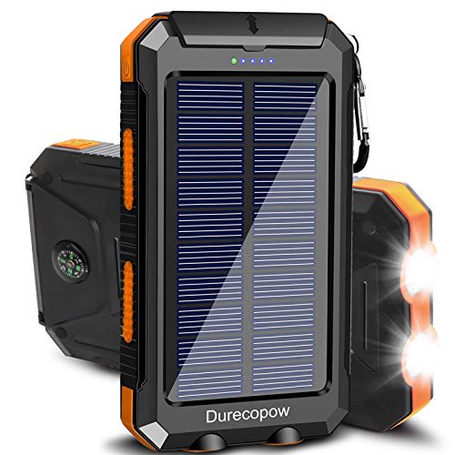 Cargador solar, 20000 mAh portátil al aire libre, impermeable, batería de respaldo externa para campamento, salida de puertos USB de 5 V, 2 linterna de luz LED con brújula (naranja)