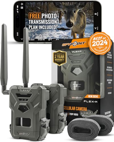 SPYPOINT Flex-M Twin Pack Cellular Trail Cameras - Best Hunting Accessories, No WiFi Needed, GPS, Night Vision, Dual-Sim LTE, IP65 Water-Resistant Game Camera, 28MP Photos, 720p Videos + Sound (2)