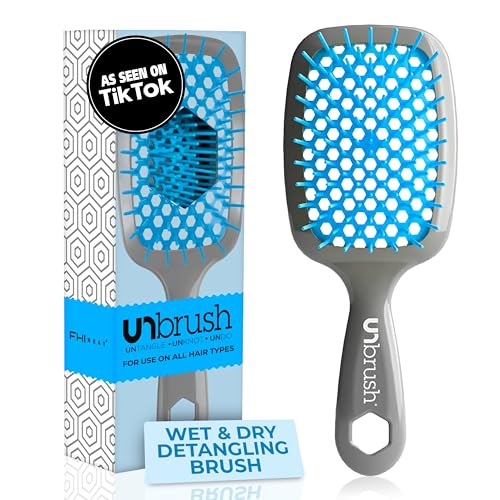 FHI Heat UNbrush Detangling Brush for Pain-Free Brushing on All Wet or Dry Hair Types — Durable DuoFlex Anti-Static Bristles, Lightweight Handle, Vented Hair Brush, Light Blue/Grey