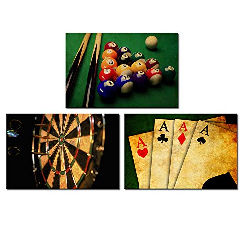 Nachic Wall - Vintage Wall Art for Living Room Retro Poker Darts Billiards Pictures Wall Art Print Leisure Sport Painting for Game Room Man Cave Wall Decoration Gallery Canvas Wrapped Ready to Hang