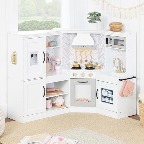 Best Choice Products Cocina de esquina de juego de simulación, juego interactivo definitivo de madera para niños con luces y sonidos, máquina de hielo, capucha, color blanco