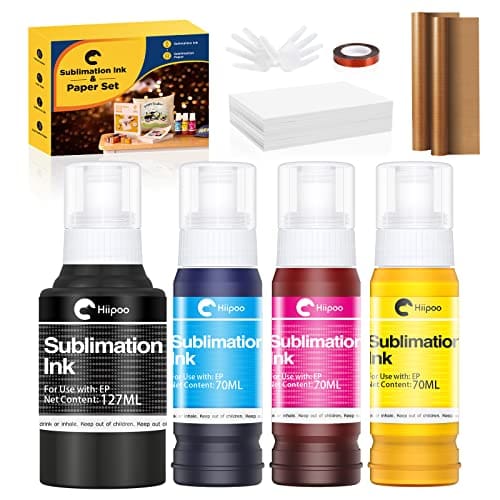 Hiipoo Juego de tinta de sublimación con 110 hojas de papel de sublimación de 8.5 x 11 pulgadas, 4.23 oz, 2 hojas de teflón, cinta térmica compatible con impresora de inyección de tinta ET-2720