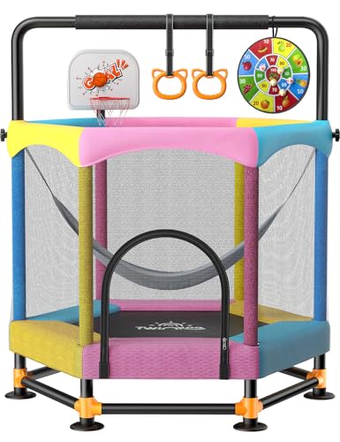 60" Trampoline for Kids, Twinkoo 5FT ASTM Approved Toddler Trampoline with Basketball Hoop, Indoor/Outdoor Anti-Rust Design, 360° Safety Enclosure, Adjustable Gymnastics Bar, Trampoline for Ages 3-8