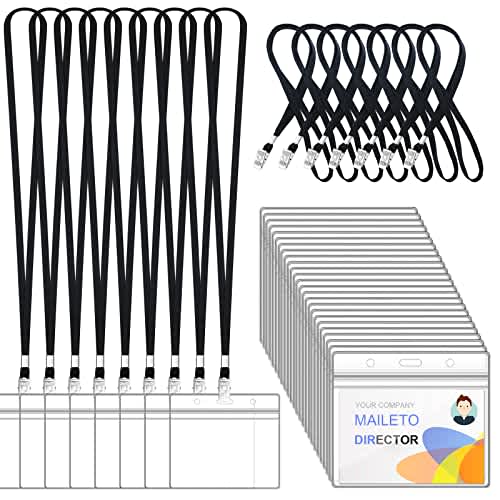 100 cordones para insignias de identificación y 100 soportes horizontales de plástico transparente para tarjetas de identificación, cordones de cuello plano con clip, impermeables, resellables,