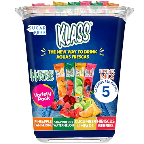 Klass Aguas Frescas Powdered Drink Mix | 44 Sugar Free Powder Packets | Flavors - Cucumber Limeade Pineapple Tangerine Strawberry Watermelon & Hibiscus Berries - Water Enhancer To Go!