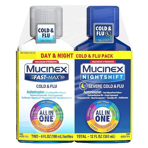 Mucinex Fast-Max Cold and Flu & Nightshift Severe Cold and Flu Medicine for Adults, Over-the-Counter Medication Combo Pack for Sore Throat Relief, Decongestant, Cough & Cold Medicines, 2 x 6 Fl Oz