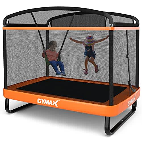 GYMAX 6FT Kids Trampoline with Swing, ASTM Approved Rectangle Recreational Trampoline with Enclosure Safety Net, Indoor/Outdoor Baby Toddler Play Combo Bounce, Birthday for Boy & Girl (Orange)