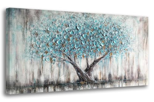 Arjun Tree Wall Art Teal Blue Nature Tree of Life Abstract Canvas Painting Textured Picture, Modern Large Panoramic Landscape Artwork Framed for Living Room Bedroom Bathroom Office Home Decor 40"x20"