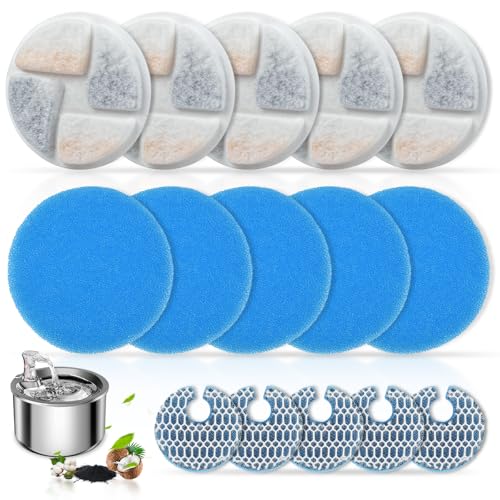 Juego de 10 filtros de fuente de agua para gatos para fuente de acero inoxidable de 67 oz/2 L, 10 esponjas de prefiltro + 10 filtros de carbón activado + 10 filtros de malla de algodón