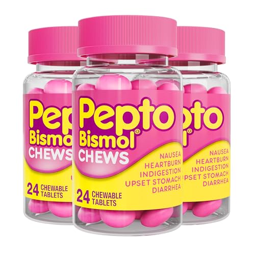 Pepto Bismol Chews, Fast and Effective Digestive Relief from Nausea, Heartburn, Indigestion, Upset Stomach, Diarrhea, 72 Total (3 Packs of 24)