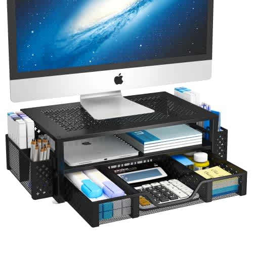 Simple Trending Soporte de monitor de metal de 2 niveles para monitor y organizador de escritorio de computadora con cajón y soporte para bolígrafo para laptop, computadora, iMac, negro