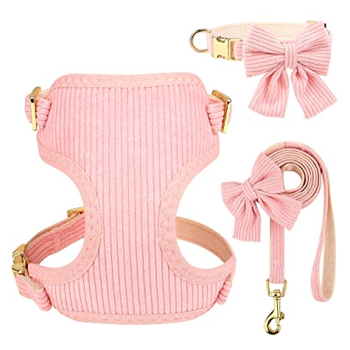 Didog Cute Small Dog Collar Harness & Leash Set, Adjustable Dog Collars and Leashes with Bowtie, Breathable Soft Mesh Padded Dog Vest for Puppies Small Dogs Walking,Pink, M