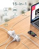 Regleta protectora de sobretensiones – Cable de extensión de 10 pies, regleta de alimentación con 12 salidas de CA amplias 3 USB, enchufe plano, protección de sobrecarga de montaje en pared, 1050J,