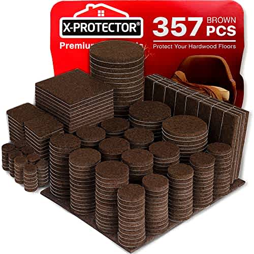 X-PROTECTOR Paquete enorme de 357 almohadillas de fieltro para muebles. Cantidad de deslizadores de muebles con muchos tamaños grandes, tus protectores de suelo ideales. Protege tu piso de madera dura