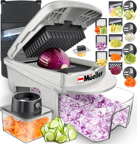 Mueller Pro-Series todo en 1 - Cortador, mandolina, 12 cuchillas, picadora de alimentos, rebanador de vegetales y espiralizador, rallador, utensilios para el hogar con contenedor, arena blanca/gris