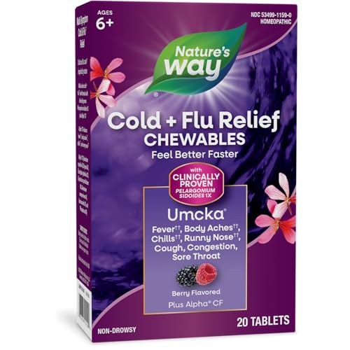 Nature's Way Cold+Flu Relief, Umcka, Shortens Duration and Reduces Severity, Multi-Symptom Relief, Homeopathic, Phenylephrine Free, Non-Drowsy, Berry Flavored, 20 Chewable Tablets (Packaging May Vary)