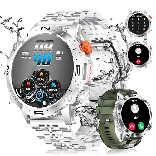 ESFOE Reloj inteligente militar para hombre (respuesta/llamadas de marcación), pantalla AMOLED de 1.43 pulgadas, rastreador de actividad física + 126 modos deportivos/IP68/frecuencia