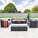 Rattaner Juego de 7 muebles de exterior de 60,000 BTU de 45 pulgadas para fogata de propano para exteriores, juego de muebles de patio, cojines antideslizantes y fundas impermeables, gris claro