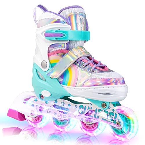 SULIFEEL Patines en línea de unicornio arcoíris para niñas y niños, 4 tamaños ajustables, con ruedas iluminadas, para niños, principiantes, talla S