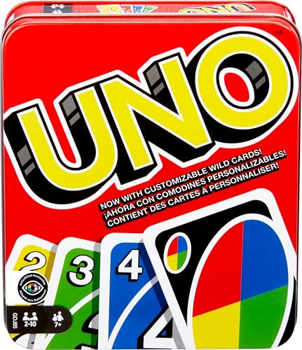 Mattel Games UNO - Juego de cartas para noche familiar, juego de viaje y regalo para niños en una lata de almacenamiento coleccionable para 2-10 jugadores (exclusivo de Amazon)