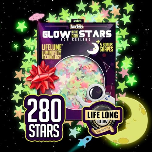 BUNMO 280pcs Glow in The Dark Stars for Ceiling - Stocking Stuffers for Toddlers 3+ - Stocking Stuffers for Kids - Longlasting Glow in The Dark Stars for Ceiling Strong Glow